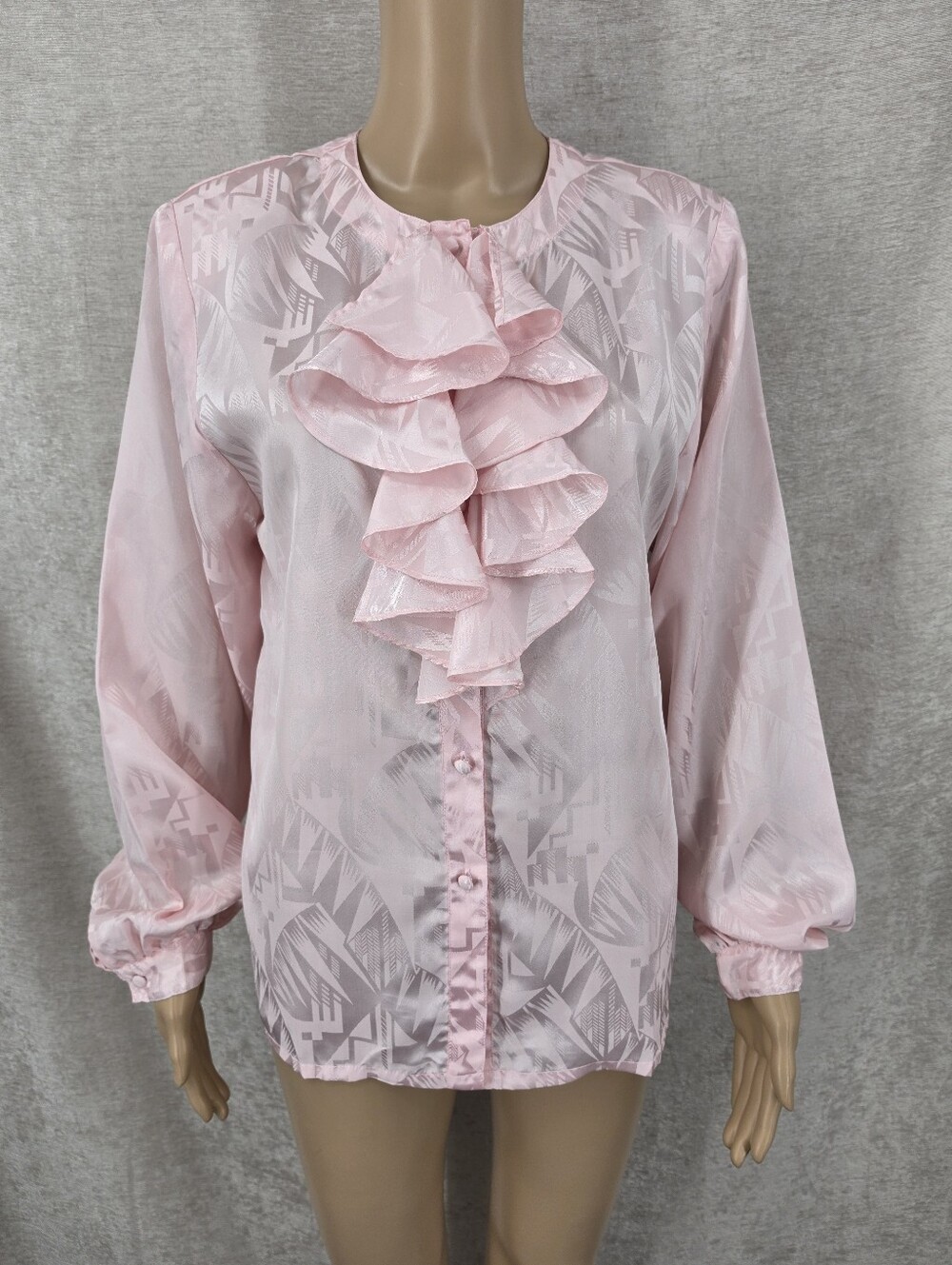 Vintage Satin Deco Pattern Jacquard Poet Ruffle Blouse Top Shirt Baby Pink 80s
